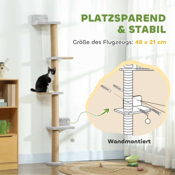 Kattenkrabpaal, 5 traps ontwerp, speelgoed, sisalpalen, pluche stof, lichtgrijs 6