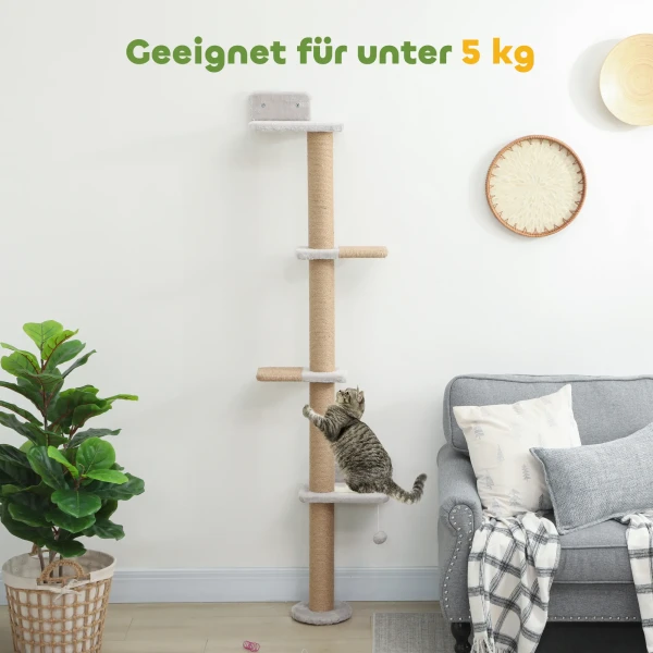 Kattenkrabpaal, 5 traps ontwerp, speelgoed, sisalpalen, pluche stof, lichtgrijs 8