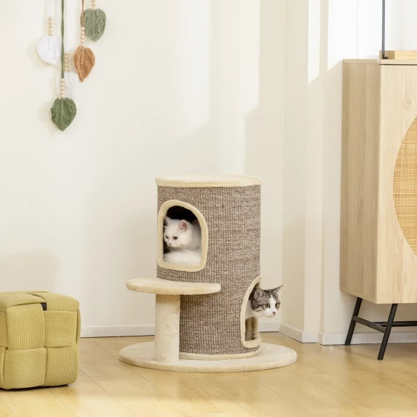 Kattenvat, krabpaal met 2 niveaus, springplatform, uitzichtpunt, krabmat, om te rusten en spelen, beige 2
