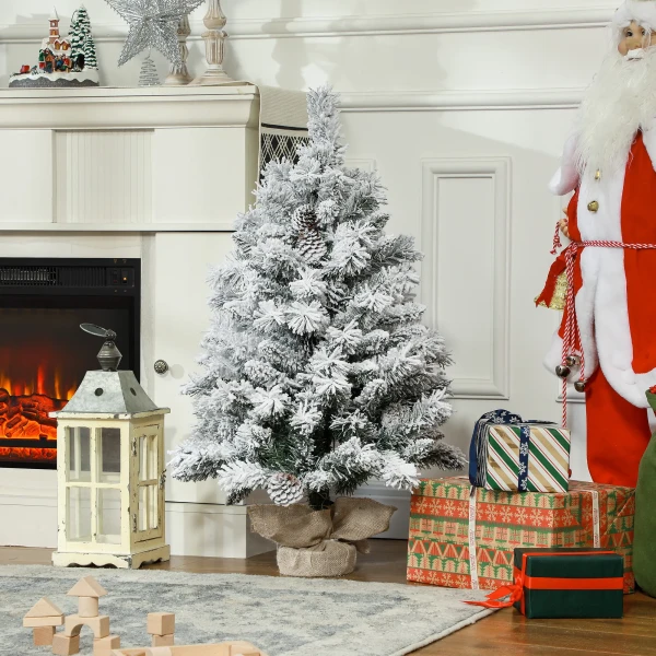 Kerstboom 92 cm, led verlichting, sneeuwtakken, dennenappels, vlamvertragend, betonnen voet 9