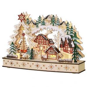 Kerstdorp in winterwonderland, 20 led lampjes, meerlaags, natuurhout, 45 x 12 x 30 cm 1
