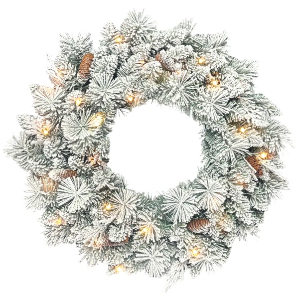 Kerstkrans met led lichtslinger, dennenappels, deurkrans groen+wit, Ø60 x 8 cm 1