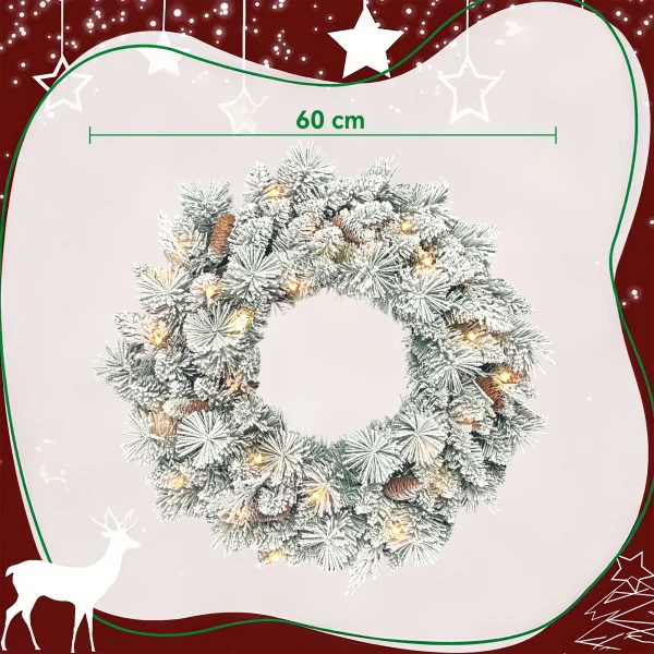 Kerstkrans met led lichtslinger, dennenappels, deurkrans groen+wit, Ø60 x 8 cm 4