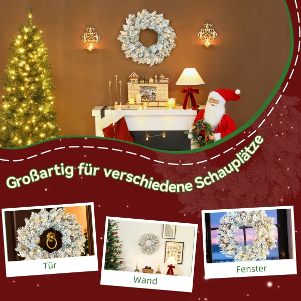 Kerstkrans met led lichtslinger, dennenappels, deurkrans groen+wit, Ø60 x 8 cm 8