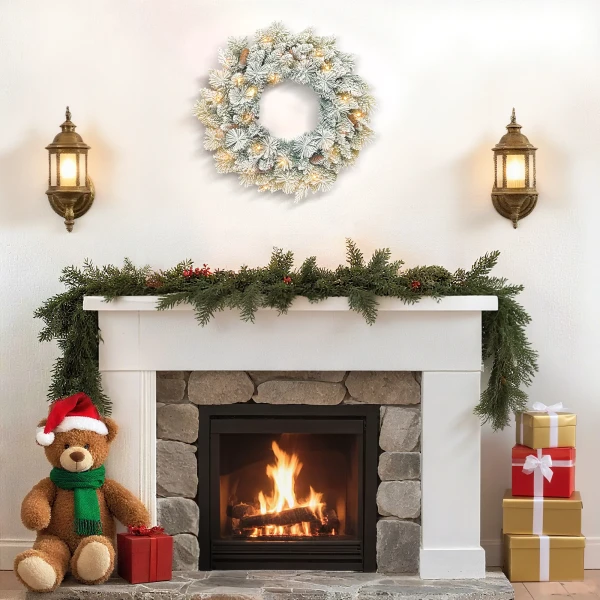 Kerstkrans met led lichtslinger, dennenappels, deurkrans groen+wit, Ø60 x 8 cm 9