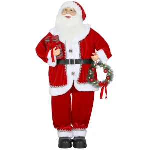 Kerstman, kerstdecoratie, 120 cm, buigzame armen, met cadeau & kerstkrans, geluidsactivering, rood 1