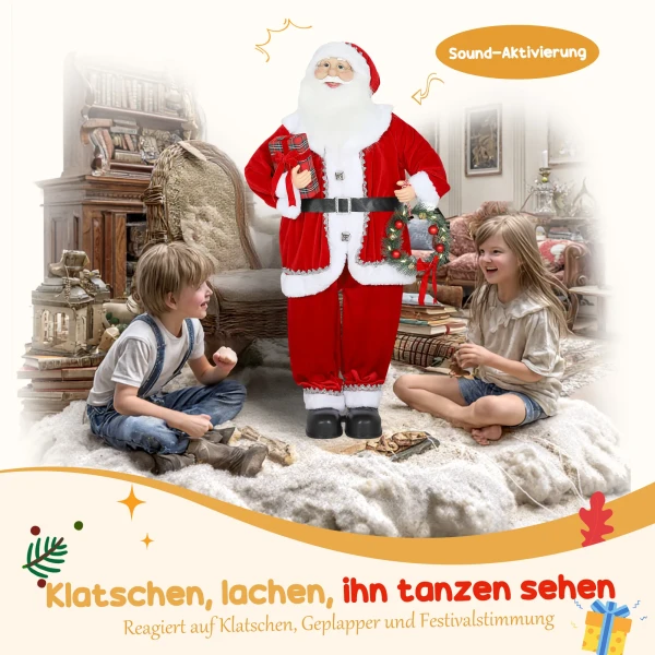 Kerstman, kerstdecoratie, 120 cm, buigzame armen, met cadeau & kerstkrans, geluidsactivering, rood 6