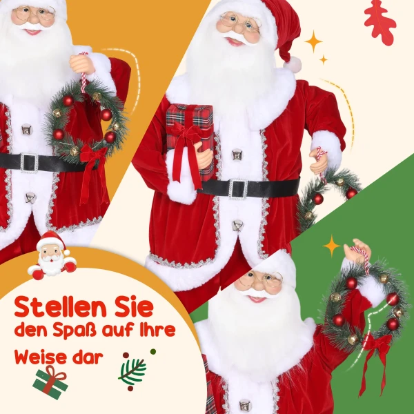 Kerstman, kerstdecoratie, 120 cm, buigzame armen, met cadeau & kerstkrans, geluidsactivering, rood 7