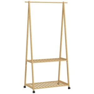 Kledingrek, 2 onderste planken, 67 cm lange kledingstang, bamboehout, wielen 1