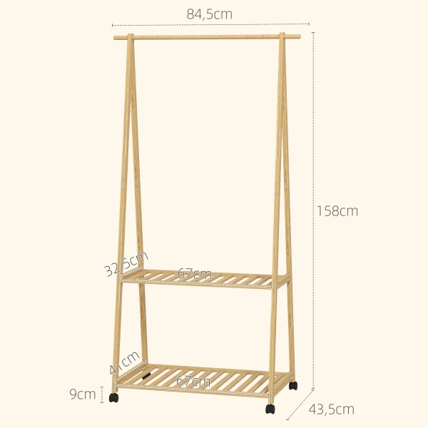 Kledingrek, 2 onderste planken, 67 cm lange kledingstang, bamboehout, wielen 4