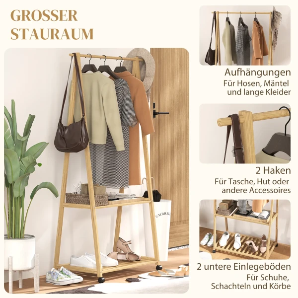 Kledingrek, 2 onderste planken, 67 cm lange kledingstang, bamboehout, wielen 5
