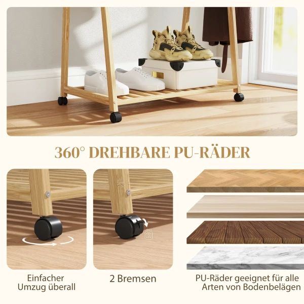 Kledingrek, 2 onderste planken, 67 cm lange kledingstang, bamboehout, wielen 6