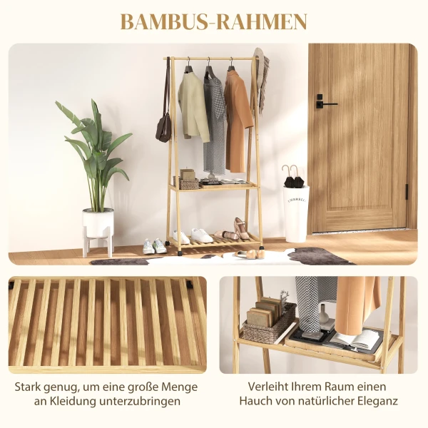 Kledingrek, 2 onderste planken, 67 cm lange kledingstang, bamboehout, wielen 7
