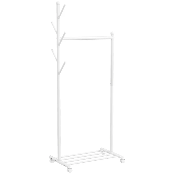 Kledingrek op wielen, mobiel garderoberek met kledingstang, 5 haken, schoenenrek wit 1