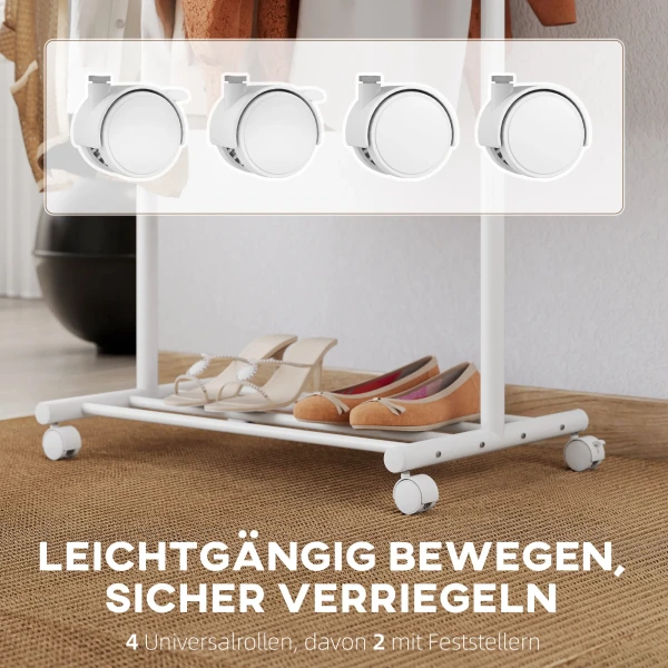 Kledingrek op wielen, mobiel garderoberek met kledingstang, 5 haken, schoenenrek wit 6