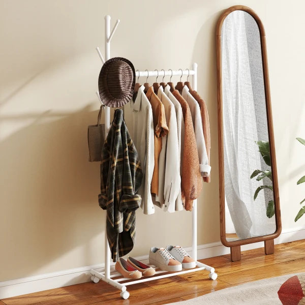Kledingrek op wielen, mobiel garderoberek met kledingstang, 5 haken, schoenenrek wit 8