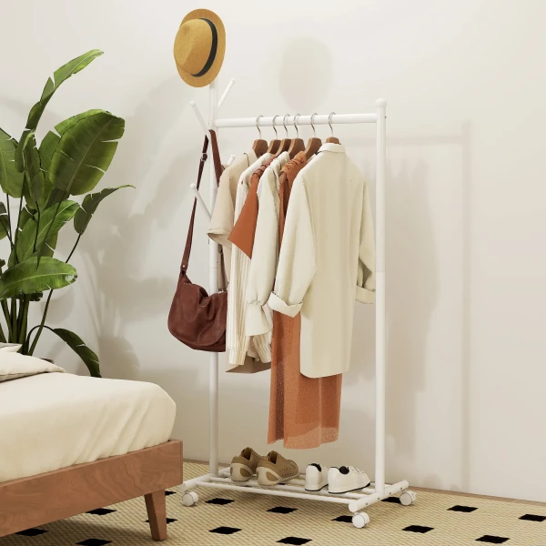 Kledingrek op wielen, mobiel garderoberek met kledingstang, 5 haken, schoenenrek wit 9