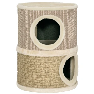 Krabton, 49 cm hoog, Ø35,5 cm tweelaagse kattenton met pluche rand krabmat, 2 grotten khaki+koffie 1