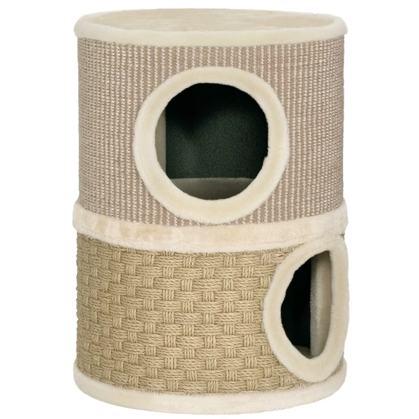 Krabton, 49 cm hoog, Ø35,5 cm tweelaagse kattenton met pluche rand krabmat, 2 grotten khaki+koffie 1