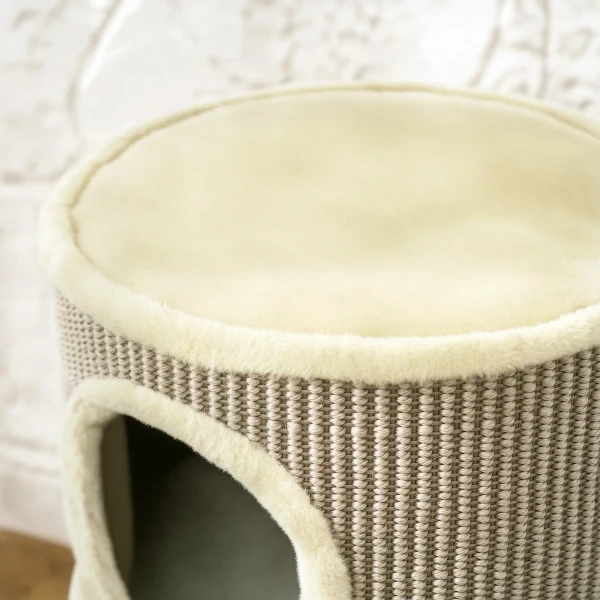 Krabton, 49 cm hoog, Ø35,5 cm tweelaagse kattenton met pluche rand krabmat, 2 grotten khaki+koffie 10