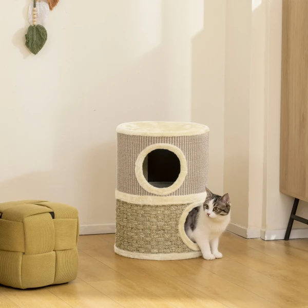 Krabton, 49 cm hoog, Ø35,5 cm tweelaagse kattenton met pluche rand krabmat, 2 grotten khaki+koffie 2