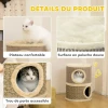 Krabton, 49 cm hoog, Ø35,5 cm tweelaagse kattenton met pluche rand krabmat, 2 grotten khaki+koffie 6