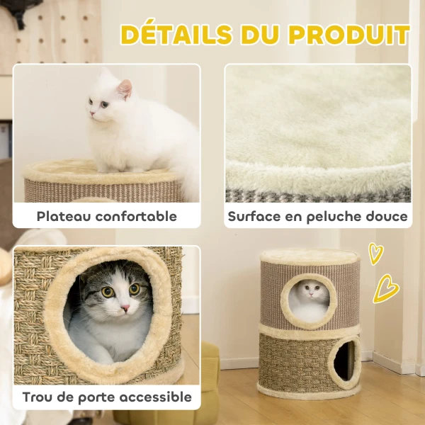 Krabton, 49 cm hoog, Ø35,5 cm tweelaagse kattenton met pluche rand krabmat, 2 grotten khaki+koffie 6