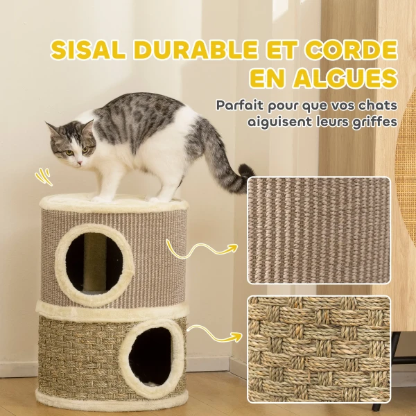 Krabton, 49 cm hoog, Ø35,5 cm tweelaagse kattenton met pluche rand krabmat, 2 grotten khaki+koffie 7