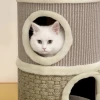 Krabton, 49 cm hoog, Ø35,5 cm tweelaagse kattenton met pluche rand krabmat, 2 grotten khaki+koffie 9