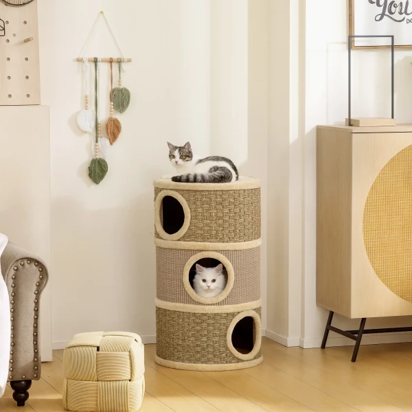 Krabton, 79 cm hoog, Ø45 cm, drielaagse kattenton met sisaltouw, kattenhol, voor grote katten, khaki + bruin 2