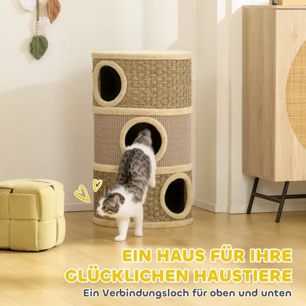 Krabton, 79 cm hoog, Ø45 cm, drielaagse kattenton met sisaltouw, kattenhol, voor grote katten, khaki + bruin 5