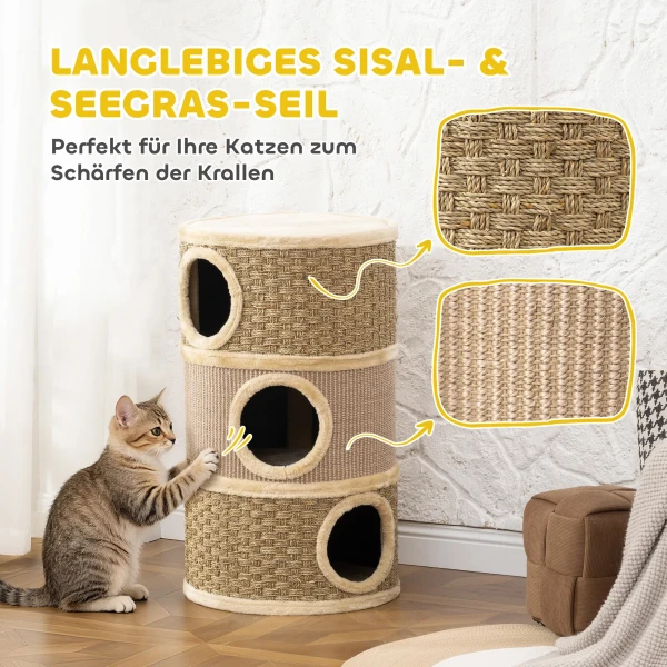 Krabton, 79 cm hoog, Ø45 cm, drielaagse kattenton met sisaltouw, kattenhol, voor grote katten, khaki + bruin 7