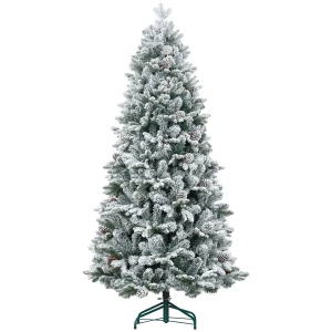 Kunstmatige kerstboom, kunstmatige sneeuw & dennenappels, realistisch, brandvertragend, metalen voet, 183 cm, groen 1