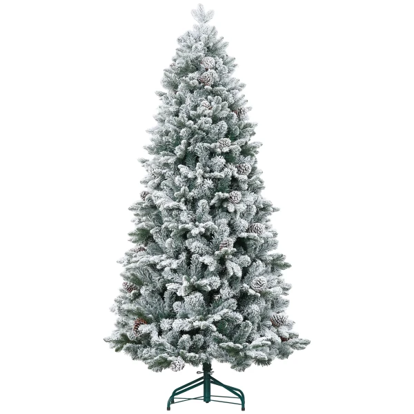 Kunstmatige kerstboom, kunstmatige sneeuw & dennenappels, realistisch, brandvertragend, metalen voet, 183 cm, groen 1