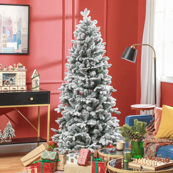 Kunstmatige kerstboom, kunstmatige sneeuw & dennenappels, realistisch, brandvertragend, metalen voet, 183 cm, groen 2