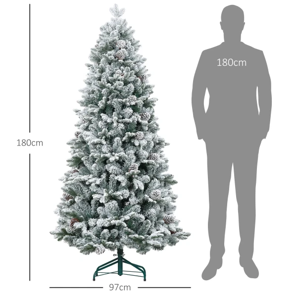 Kunstmatige kerstboom, kunstmatige sneeuw & dennenappels, realistisch, brandvertragend, metalen voet, 183 cm, groen 4