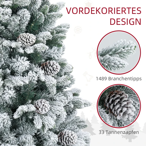 Kunstmatige kerstboom, kunstmatige sneeuw & dennenappels, realistisch, brandvertragend, metalen voet, 183 cm, groen 6
