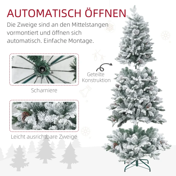 Kunstmatige kerstboom, kunstmatige sneeuw & dennenappels, realistisch, brandvertragend, metalen voet, 183 cm, groen 7
