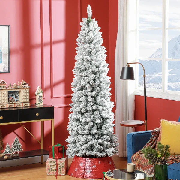 Kunstmatige kerstboom, vlamvertragend, met kunstsneeuw, slank, stalen voet, 75 x 210 cm, groen 2