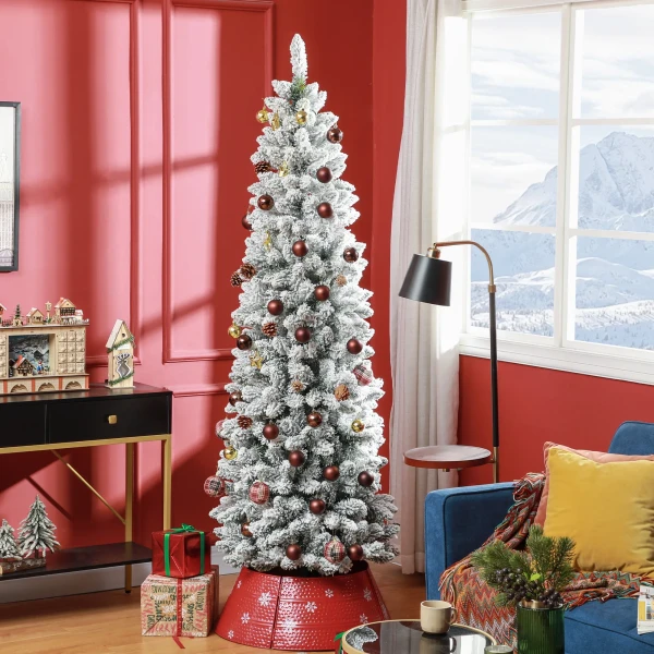 Kunstmatige kerstboom, vlamvertragend, met kunstsneeuw, slank, stalen voet, 75 x 210 cm, groen 9