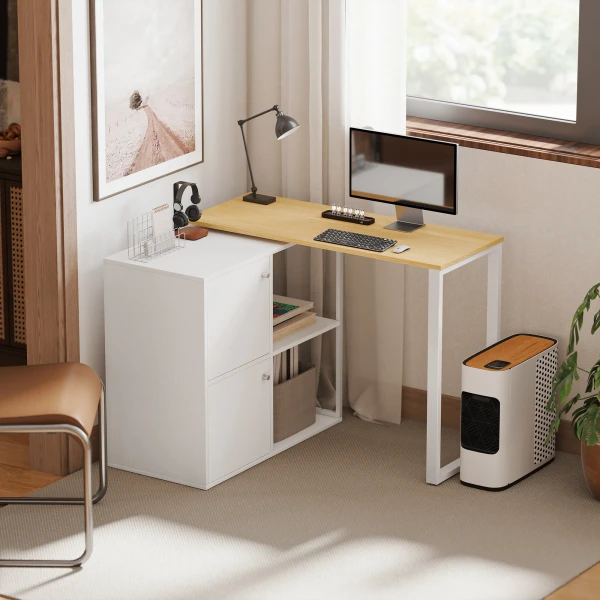L vormig bureau, 360° draaibaar hoekbureau met 2 opbergkasten, 2 open rekken, computertafel voor kleine ruimtes, studeerkamer, woonkamer, 150x40x75 cm, wit 2