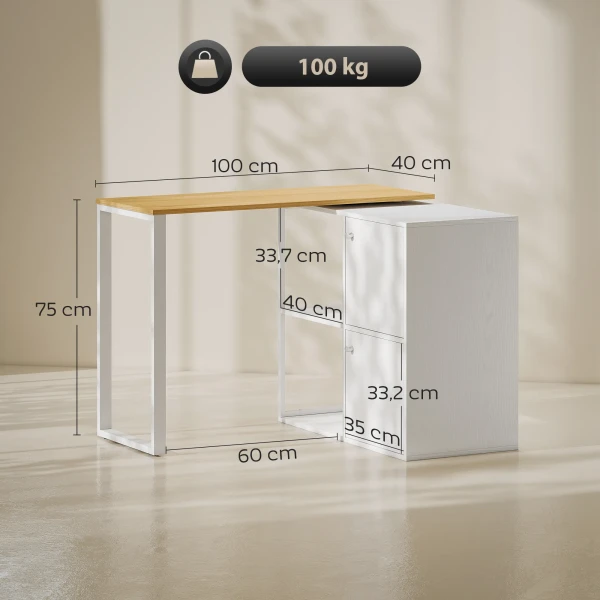 L vormig bureau, 360° draaibaar hoekbureau met 2 opbergkasten, 2 open rekken, computertafel voor kleine ruimtes, studeerkamer, woonkamer, 150x40x75 cm, wit 4