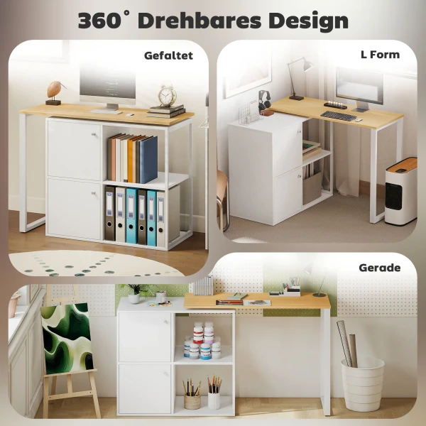L vormig bureau, 360° draaibaar hoekbureau met 2 opbergkasten, 2 open rekken, computertafel voor kleine ruimtes, studeerkamer, woonkamer, 150x40x75 cm, wit 5