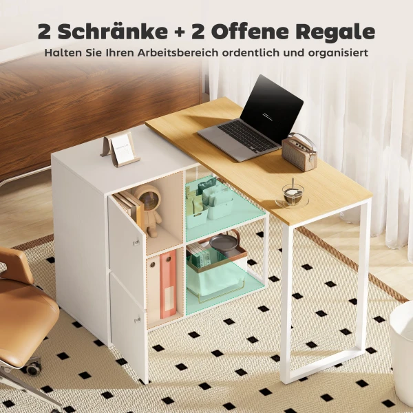L vormig bureau, 360° draaibaar hoekbureau met 2 opbergkasten, 2 open rekken, computertafel voor kleine ruimtes, studeerkamer, woonkamer, 150x40x75 cm, wit 6