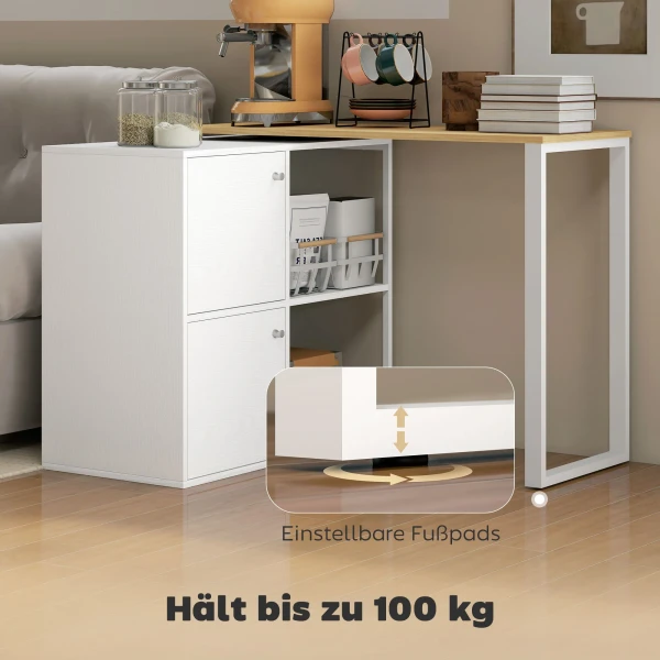 L vormig bureau, 360° draaibaar hoekbureau met 2 opbergkasten, 2 open rekken, computertafel voor kleine ruimtes, studeerkamer, woonkamer, 150x40x75 cm, wit 7