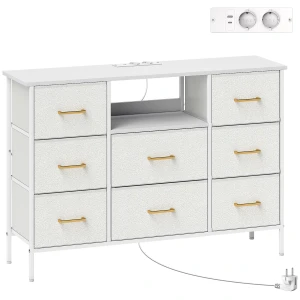 Ladekast, opbergkast met 8 stoffen laden, stekkerdoos, stalen frame, ladekast voor hal, slaapkamer, woonkamer en kantoor, crème wit 1