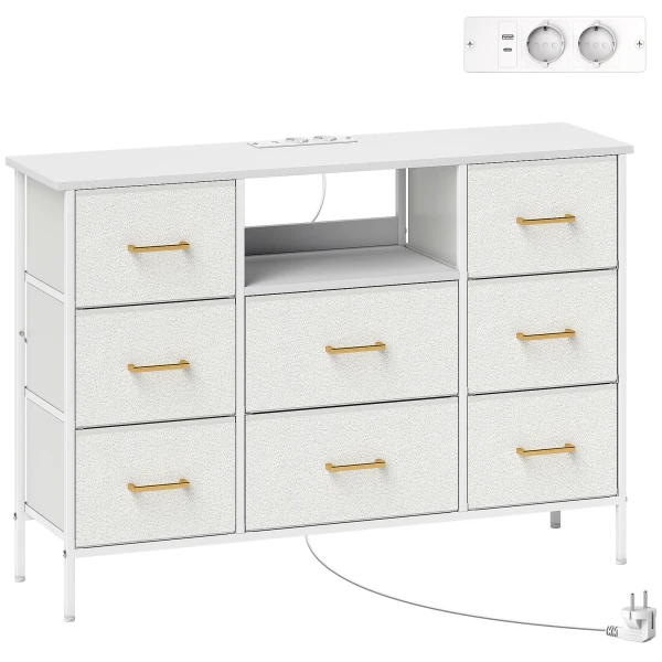 Ladekast, opbergkast met 8 stoffen laden, stekkerdoos, stalen frame, ladekast voor hal, slaapkamer, woonkamer en kantoor, crème wit 1