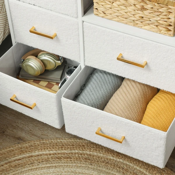 Ladekast, opbergkast met 8 stoffen laden, stekkerdoos, stalen frame, ladekast voor hal, slaapkamer, woonkamer en kantoor, crème wit 10