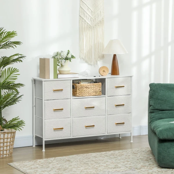 Ladekast, opbergkast met 8 stoffen laden, stekkerdoos, stalen frame, ladekast voor hal, slaapkamer, woonkamer en kantoor, crème wit 2