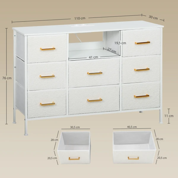 Ladekast, opbergkast met 8 stoffen laden, stekkerdoos, stalen frame, ladekast voor hal, slaapkamer, woonkamer en kantoor, crème wit 4